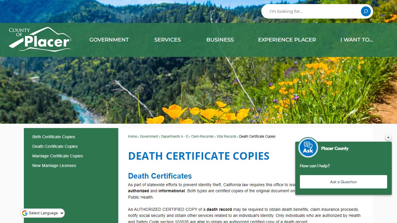 Death Certificate COPIES | Placer County, CA